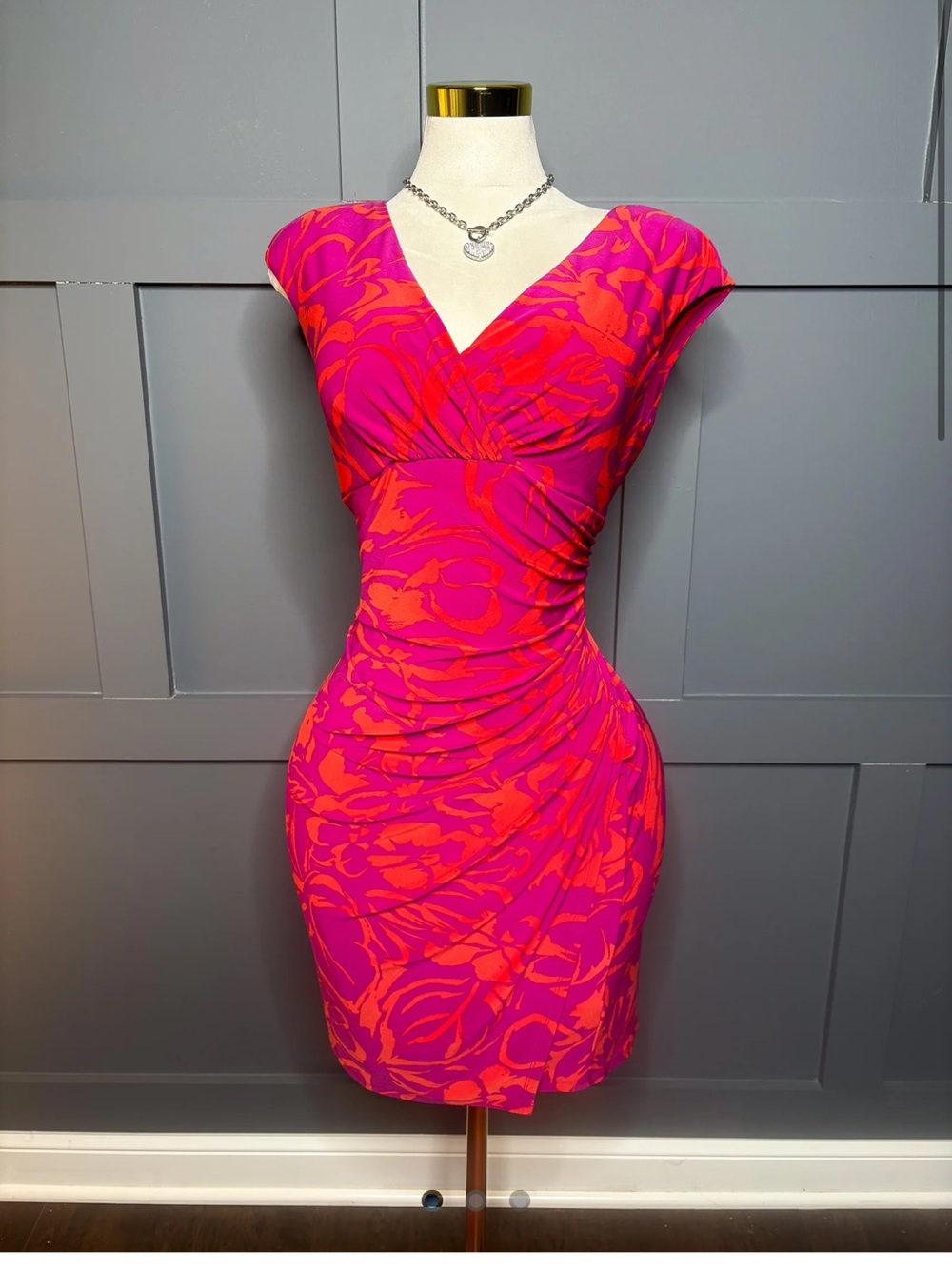 Ralph Lauren Fuchsia and Red Floral Draped Midi Dress 4